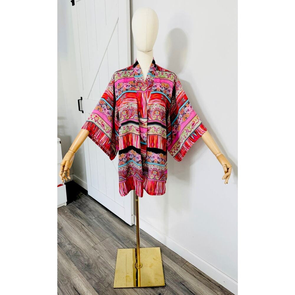 Natori Pink Multicolor Satin Kimono Jacket
